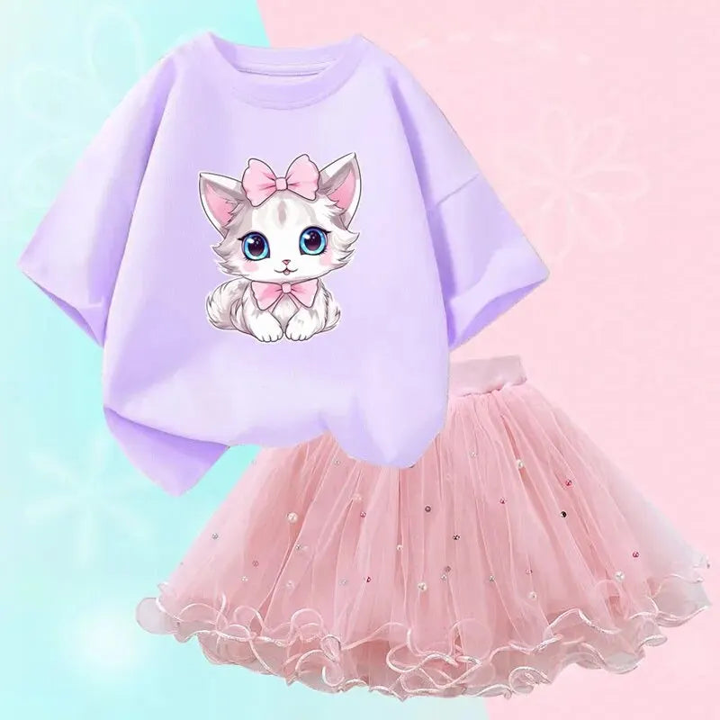 Tenues d'été mignonnes pour filles, T-shirt chat dessin animé et jupe tutu, vêtements de princesse pour filles, vêtements d'anniversaire pour enfants, 2 pièces/ensemble