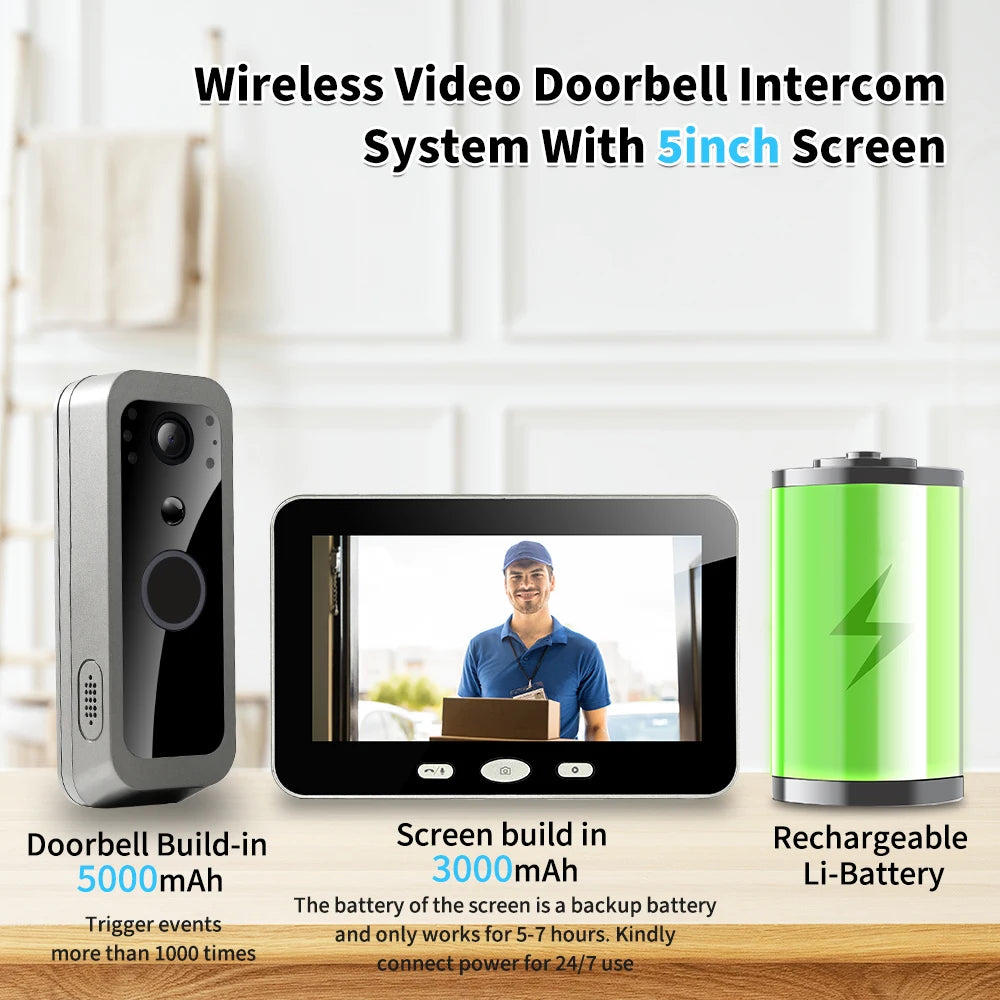 Tuya Smart Life 1080P WiFi vidéo sonnette batterie 100% système d'interphone de porte sans fil PIR caméra extérieure 5 pouces écran de moniteur
