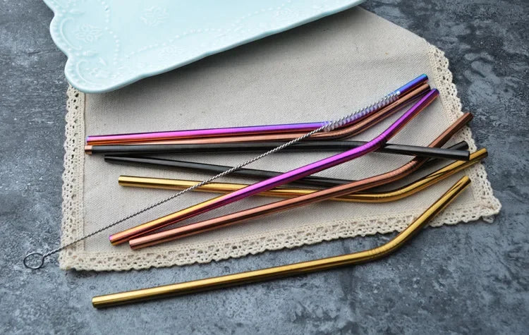 Paille à boire réutilisable en acier inoxydable 304, paille métallique droite et courbée avec pochette pour brosse de nettoyage, vente en gros