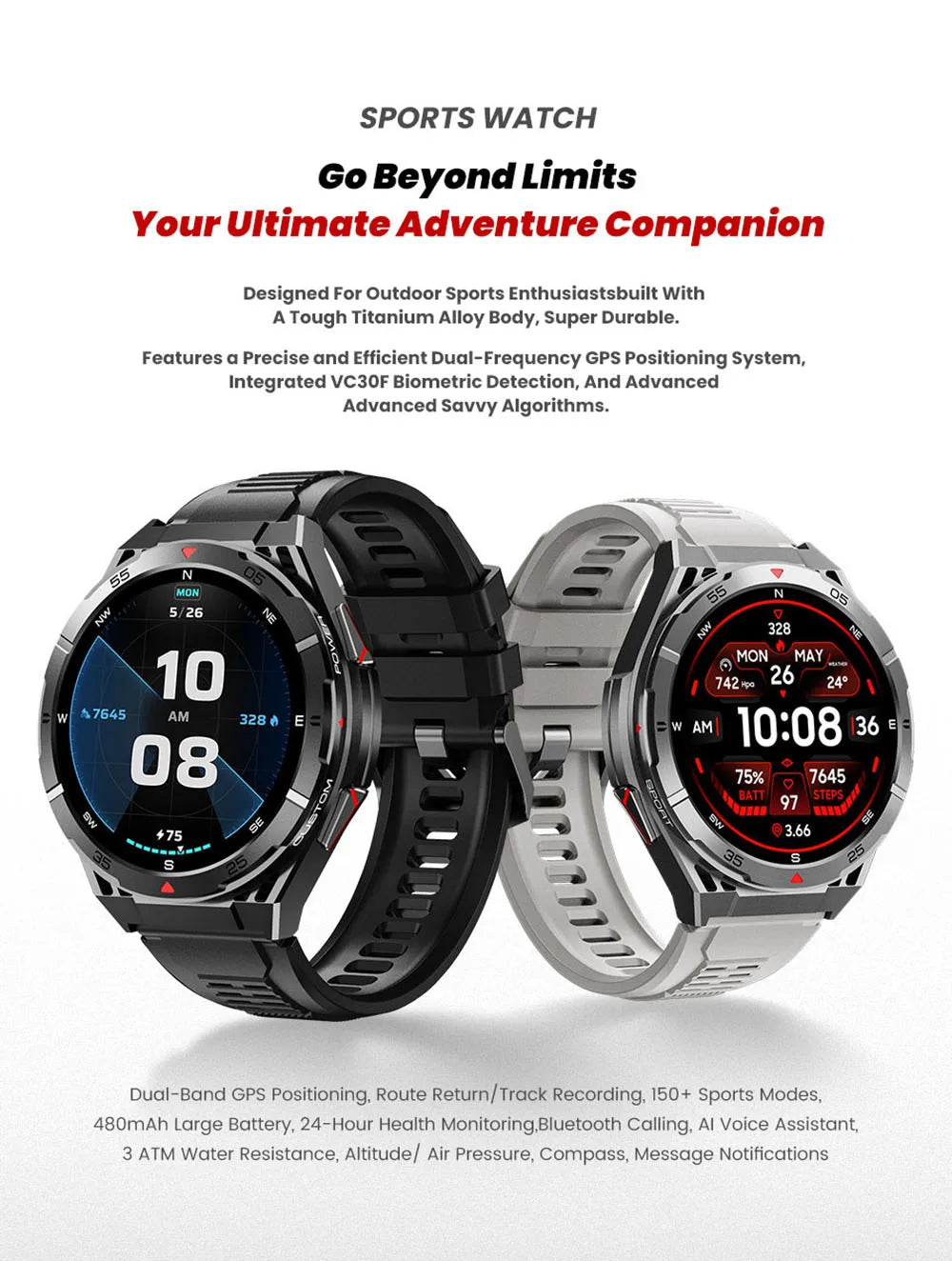 Nouvelle montre intelligente GPS sport boussole Altitude pression d'air appel de dent bleue 3ATM étanche santé AMOLED écran Smartwatch 480Mah