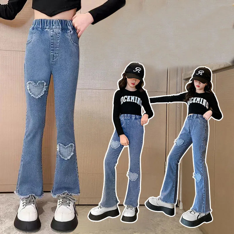 Beaded lace jeans for teenage girls, denim pants for girls, monochrome waistband pants for children, casual bell-bottoms, new fashion