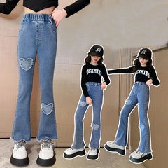 Beaded lace jeans for teenage girls, denim pants for girls, monochrome waistband pants for children, casual bell-bottoms, new fashion