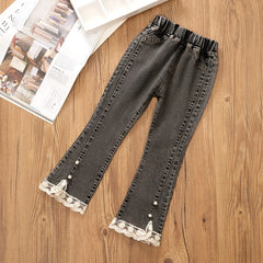Beaded lace jeans for teenage girls, denim pants for girls, monochrome waistband pants for children, casual bell-bottoms, new fashion