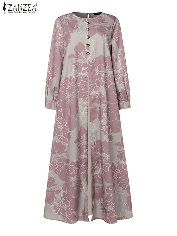 ZANZEA-Robe maxi patchwork à manches longues pour femmes, Abaya musulmane, Robe d'été élégante, Robe imprimée florale, Robe de ramadan, Kaftan éducatif, Mode