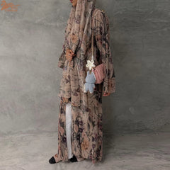 Luxury Dubai Women's Abaya Hijab Included Muslim Elegant Floral Print Pleated Open Long Sleeve Cardigan Caftan