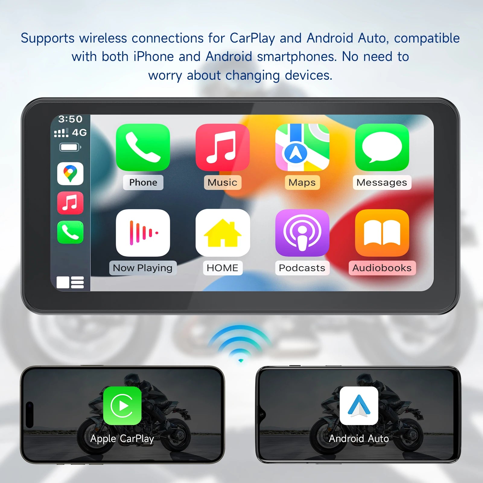 Motorcycle GPS with 6.25" touchscreen – Wireless CarPlay and Android Auto, Waterproof, Plug &amp; Play