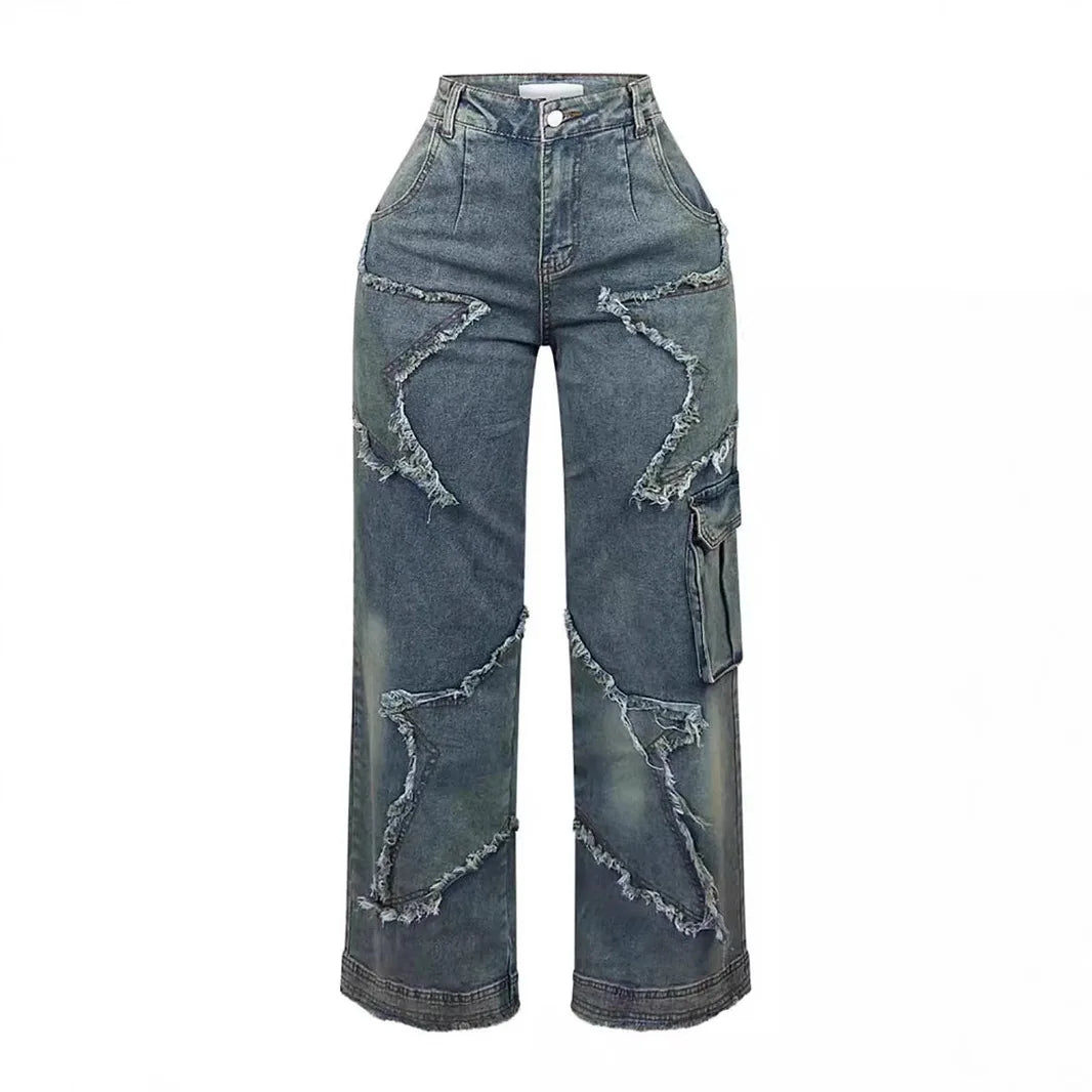 Women's relaxed, straight-leg, wide-leg denim jeans with star tassel detail, comfortable, loose fit, new autumn/winter collection