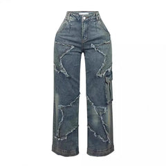 Women's relaxed, straight-leg, wide-leg denim jeans with star tassel detail, comfortable, loose fit, new autumn/winter collection