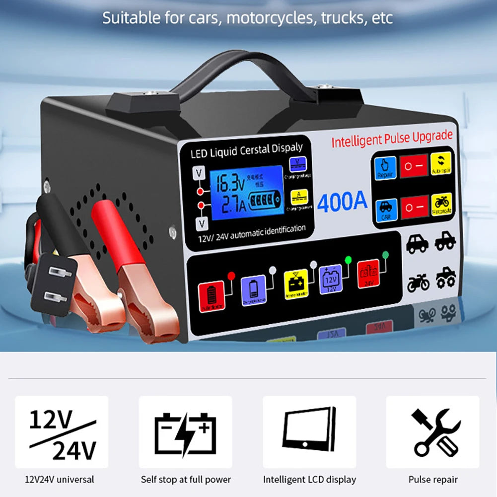 High-power car battery charger, fast charger, intelligent pulse repair, automatic shut-off, 400A, 12V, 24V, 220W