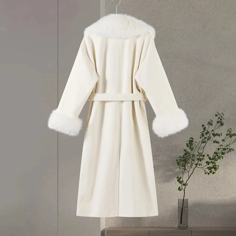 Manteau en laine pour femmes, Patchwork de fourrure solide, mode, manches longues, col en v, à lacets, pardessus Long ample, automne, bureau, vêtements d'extérieur pour dames