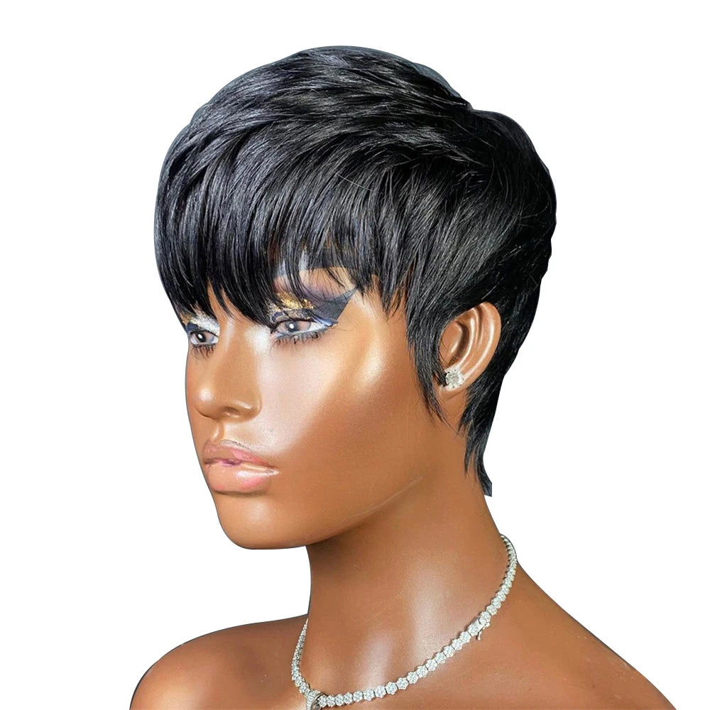 Short wigs for women, human hair wigs, pixie cut, machine-made real human hair wigs, pixie wigs, short haircuts, straight wigs