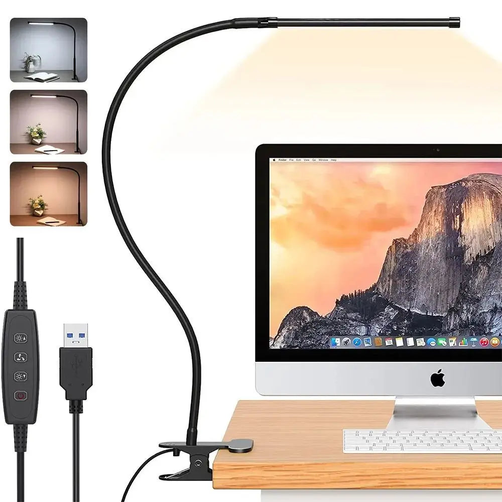 LED desk lamp with clip, dimmable reading lamp, 3 color temperatures, 10 brightness levels, USB clip-on table lamp