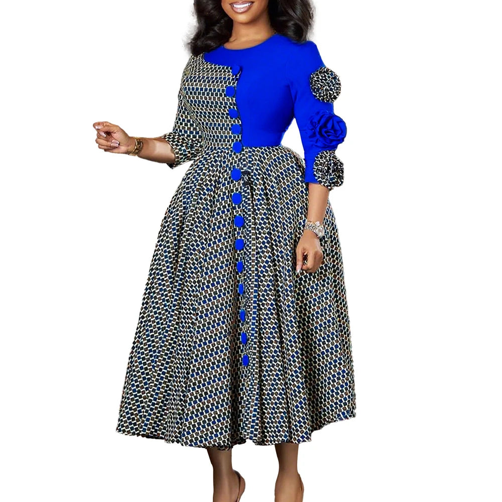 Robes élégantes pour femmes, mode africaine, manches 3/4, fête d'anniversaire, nouvelle Robe Chic à carreaux de fleurs 3D, Robe de soirée trapèze, automne 2025