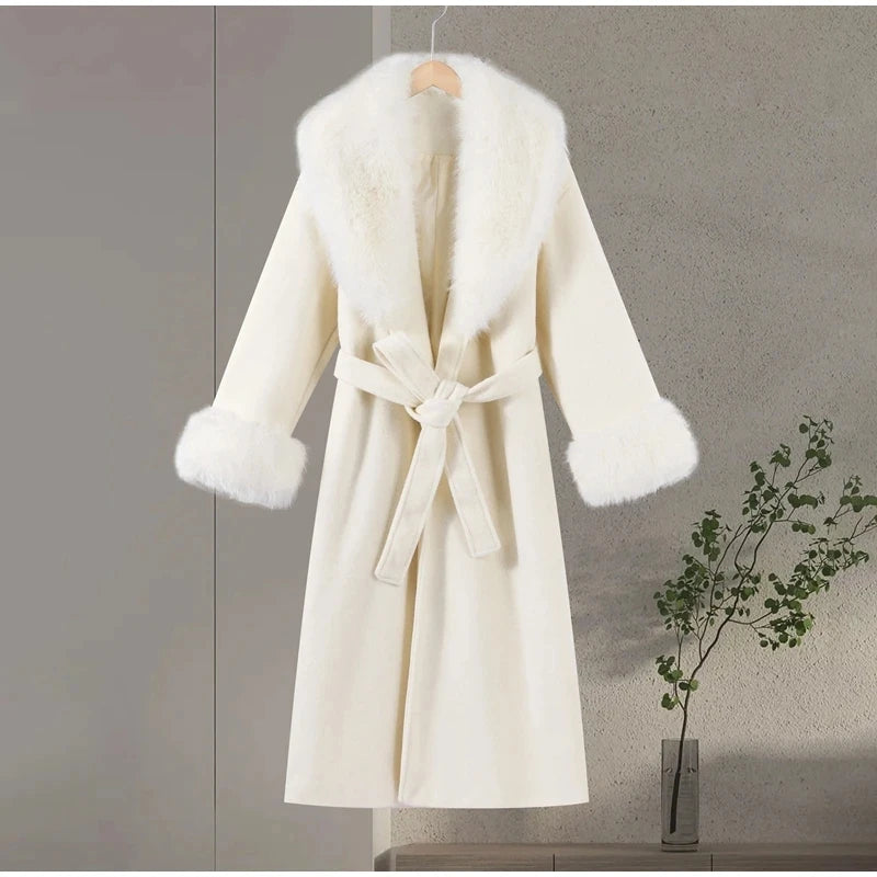 Manteau en laine pour femmes, Patchwork de fourrure solide, mode, manches longues, col en v, à lacets, pardessus Long ample, automne, bureau, vêtements d'extérieur pour dames