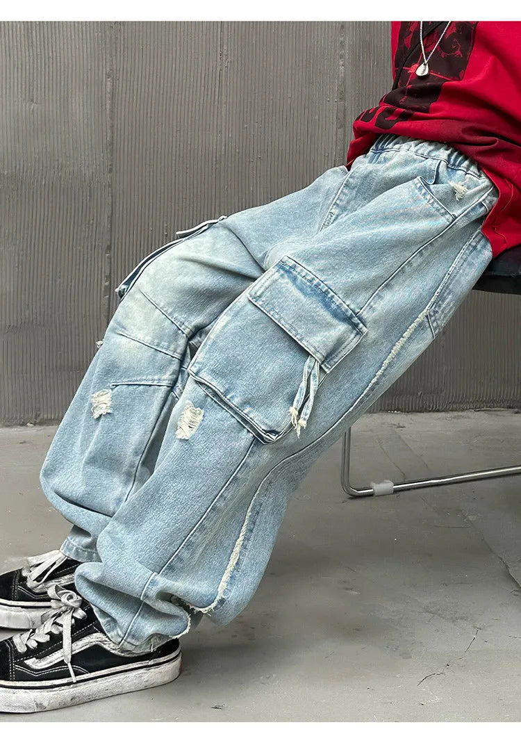 Adolescents garçons Hip Hop Streetwear vêtements de travail jean printemps automne 2025 nouveau Style enfants beau à la mode déchiré pantalon à jambes larges
