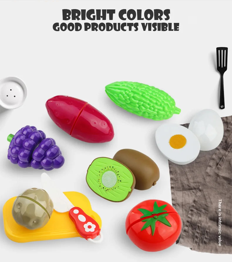 Jouets alimentaires de cuisine avec panier de rangement, jouets pour tout-petits, jeu de découpe, semblant de fruits et accessoires, shopping