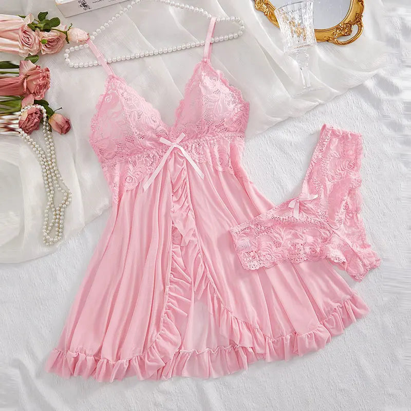 Tulle Ultra Sexy chemise de nuit col en v soutien-gorge ouvert sommeil jupe nuit robe érotique femme pure pyjamas Lingerie tongs Kit de luxe