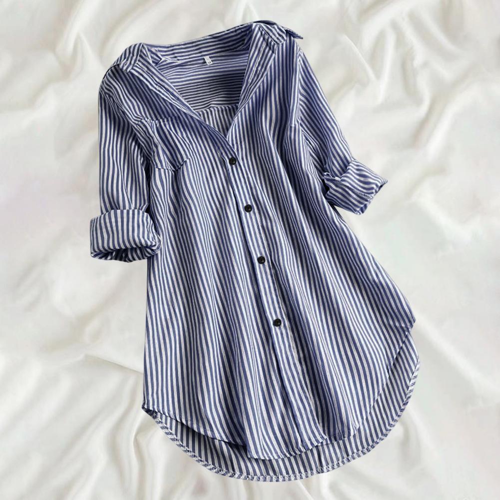 Chemisier Tunique Femme Rayé à Manches Longues Col V Mi-long Col Rabattu Coupe Ample Décontracté Élégant Été Tailles M-4XL