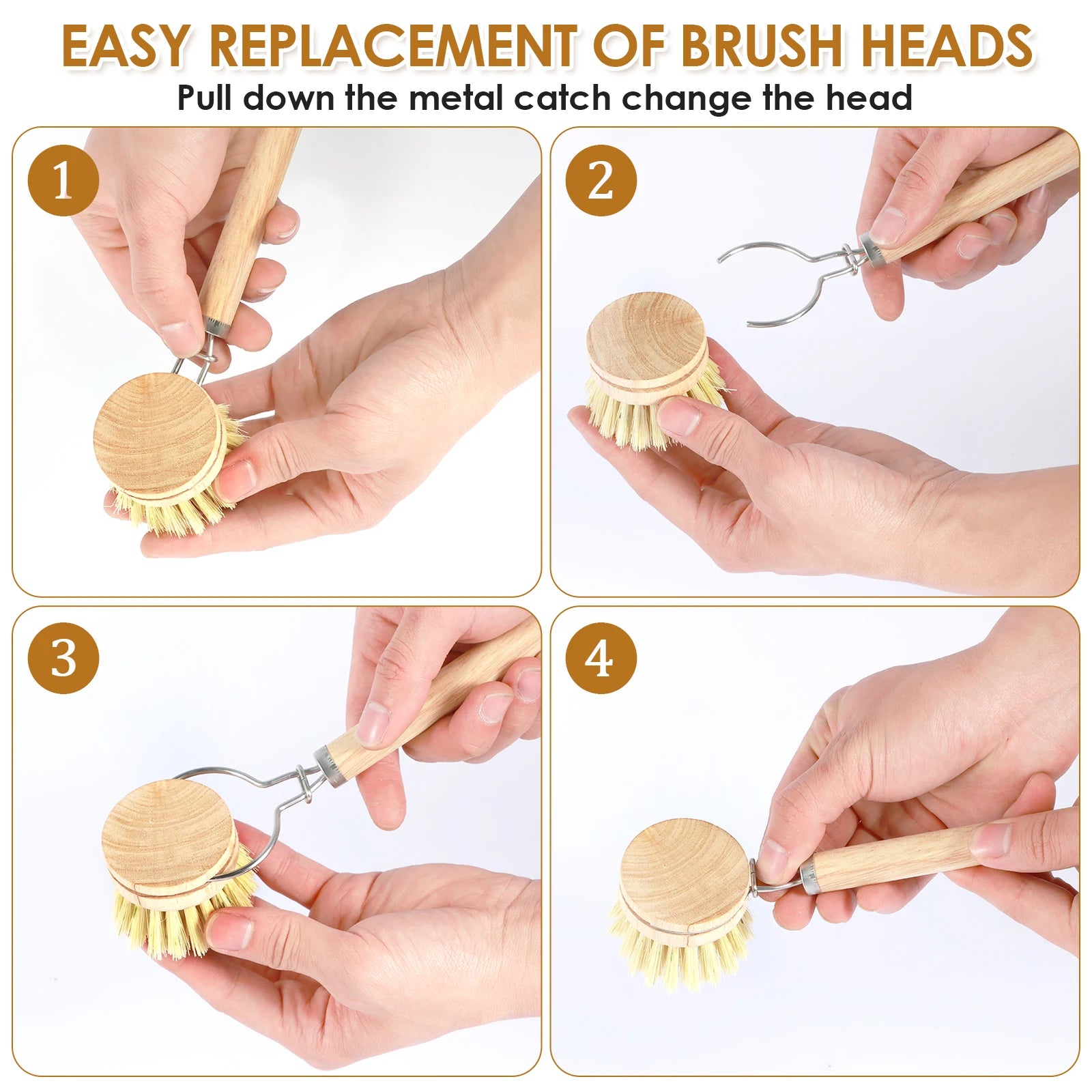 Brosses à vaisselle en bambou remplaçables, épurateurs de nettoyage en bois de cuisine, outil de nettoyage ménager, 4/5 pièces