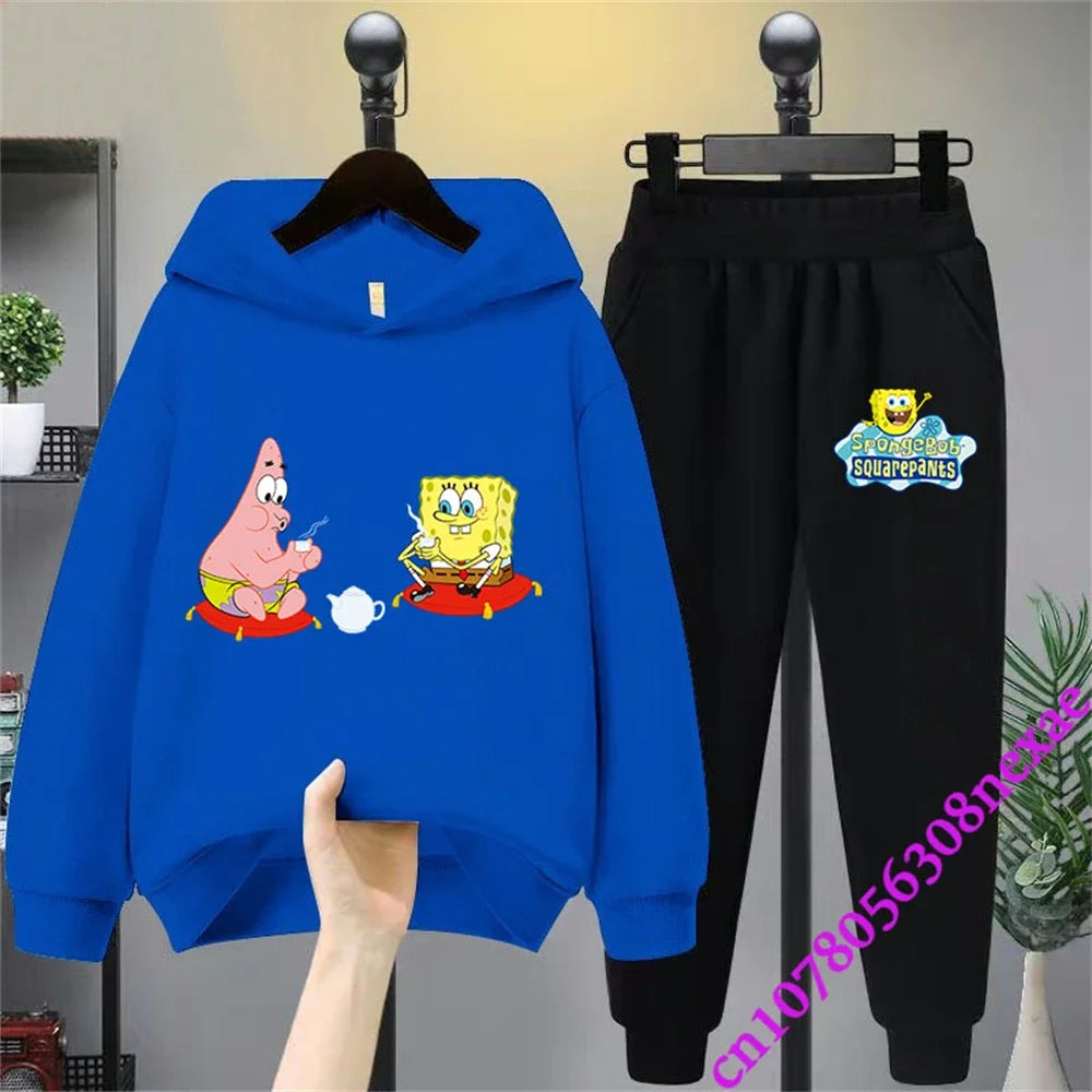 Spongebob-Pull imprimé dessin animé pour enfants, vêtements pour garçons et filles, imbibé, printemps et automne, Sportif, fjedly, 2 pièces