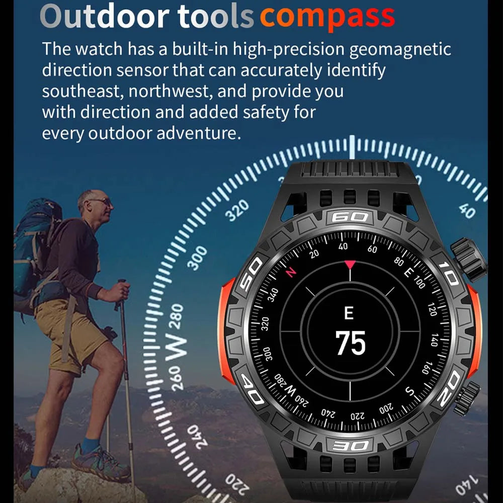 Montre intelligente étanche avec éclairage LED pour homme, boussole, tracker de fitness sportif, IP68, Bluetooth, conversation, Android, iOS