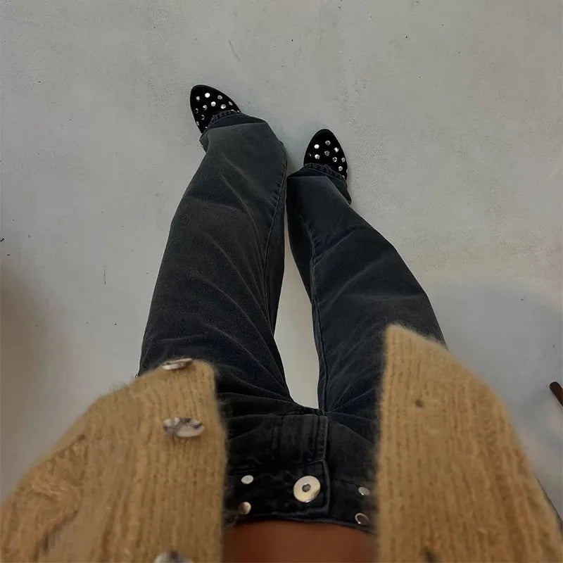 Spanish street fashion ONE DILEMMA Style Rivet five-pointed star pattern white jeans women's autumn straight slim pants