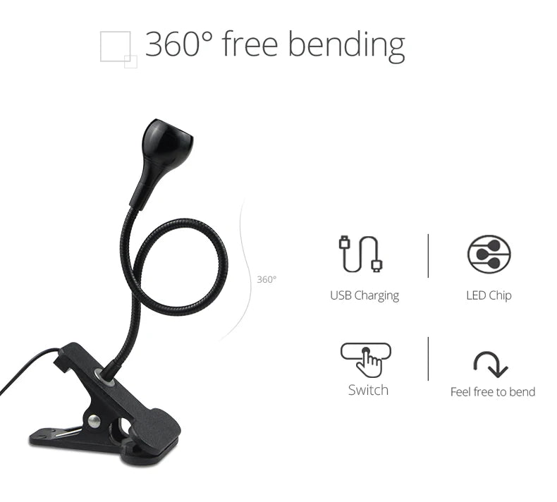 Lampe de bureau à clipser LED 360 ° Table de lecture à col de cygne Flexible, lumière de lecture pour étude, soins des yeux, pince USB, livres, éclairage nocturne