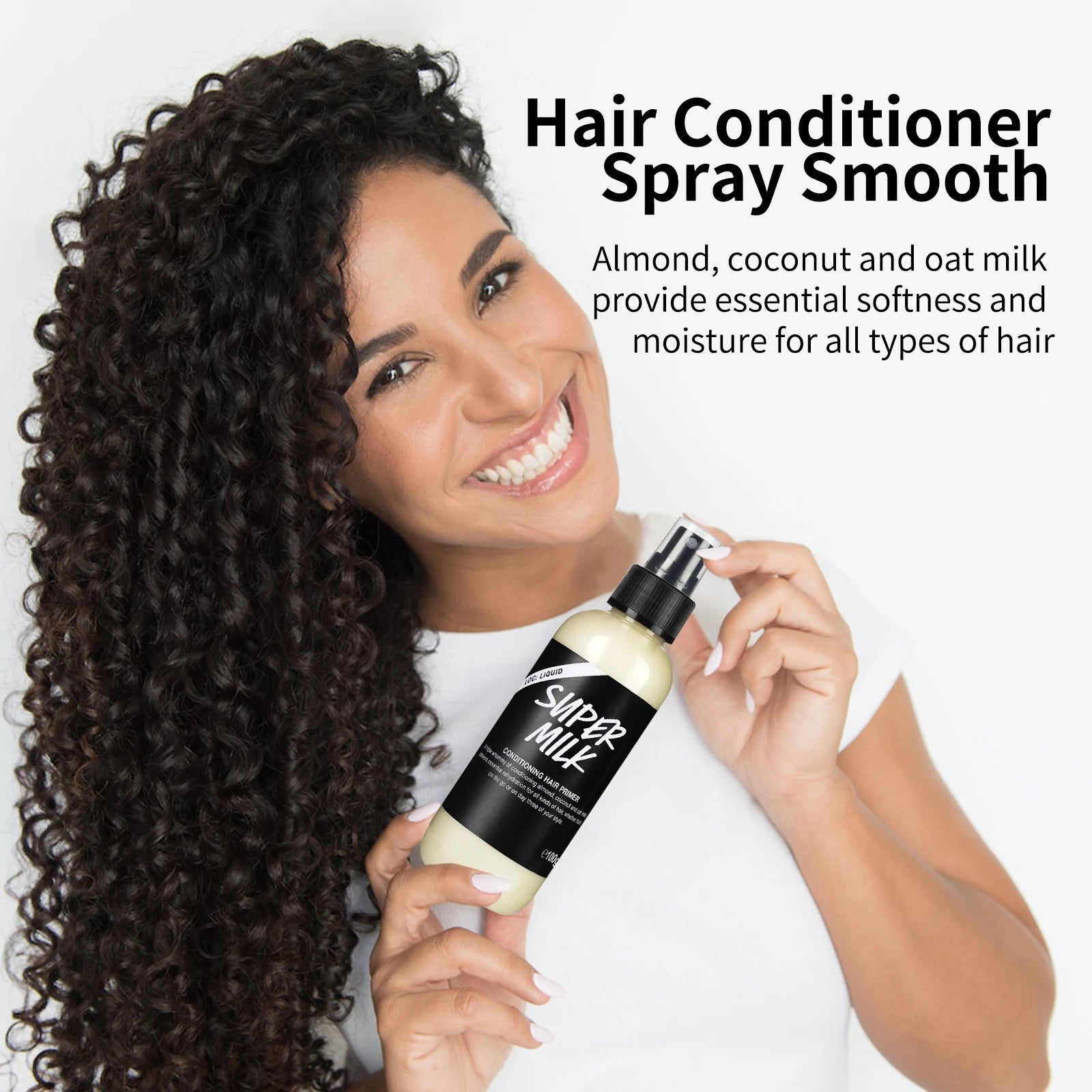 Spray d'apprêt capillaire revitalisant 100g – Contrôle des frisottis, lait d'avoine de noix de coco et d'amande, sans lavage, sans rinçage, lisse et brillant