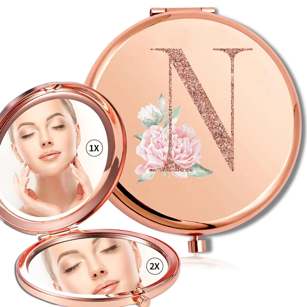 Miroir rond de maquillage grossissant Double face en métal, cosmétique, aspect Portable, verre, Compact, motif de lettres en or Rose