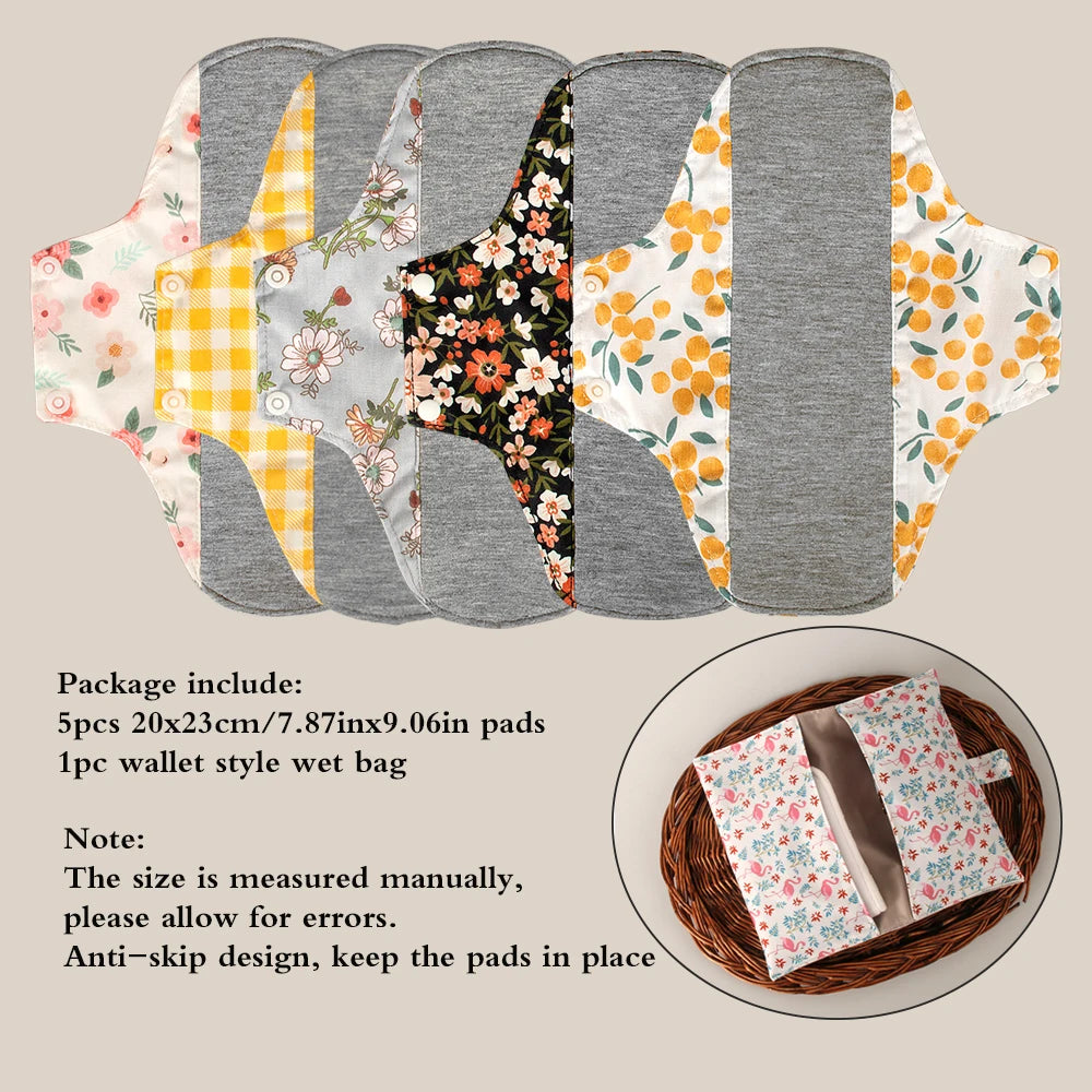 Serviettes hygiéniques antidérapantes, 5 pièces, doublure en graphène, tissu en coton, serviettes hygiéniques respirantes et lavables pour femmes, période avec sac humide