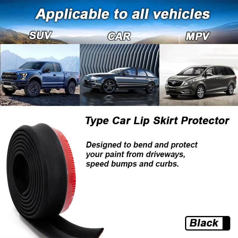 Universal rubber car front bumper lip, 2.5m/98.43 inches, black bumper lip strip, car side skirt, direct stitching