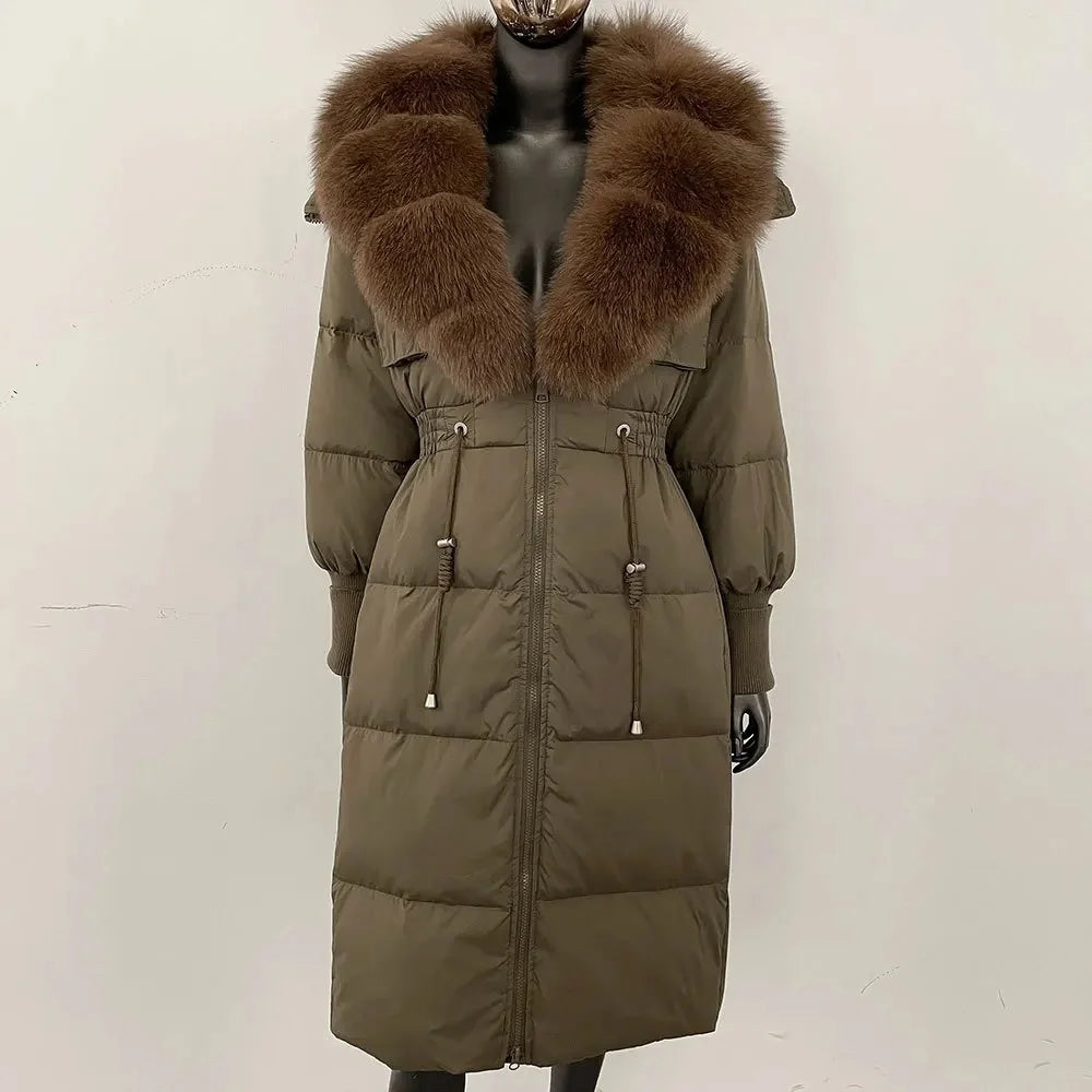 Doudoune longue avec col en fourrure pour femme, pardessus en fourrure de renard, longueur aux genoux, à la mode, chaude, cintrée à la taille, vêtements d'extérieur amincissants