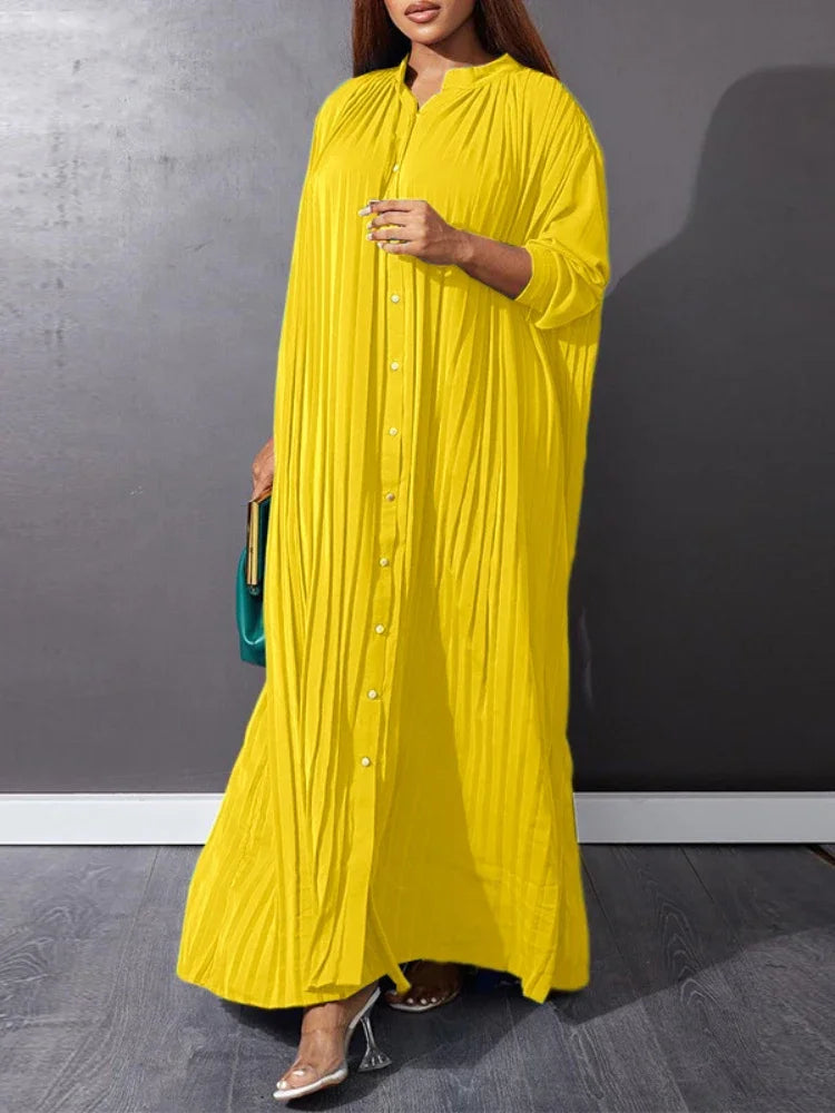 Femmes Eid robes musulmanes col montant simple boutonnage dubaï arabe robes Ramadan décontracté ample caftan robe solide plissé