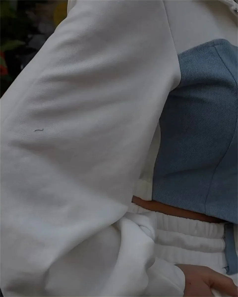 Ensemble 2 pièces en denim patchwork pour femmes, tenue décontractée, sweats à capuche minces, haut court, pantalon de survêtement à jambes larges, streetwear imbibé, survêtements à la mode