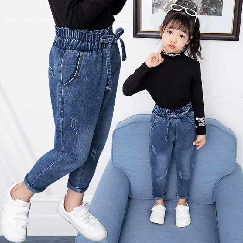 New Fashion Girls Jean Spring Summer and Autumn Soft Casual Boutique Cotton Kawaii Girls Elegant Jean Children's Pants 3-12Y