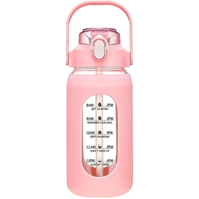 Bouteilles d'eau en verre de 1000ML avec paille, bouteille en verre avec manchon en Silicone et marqueur de temps, pour salle de sport, Camping, maison et bureau