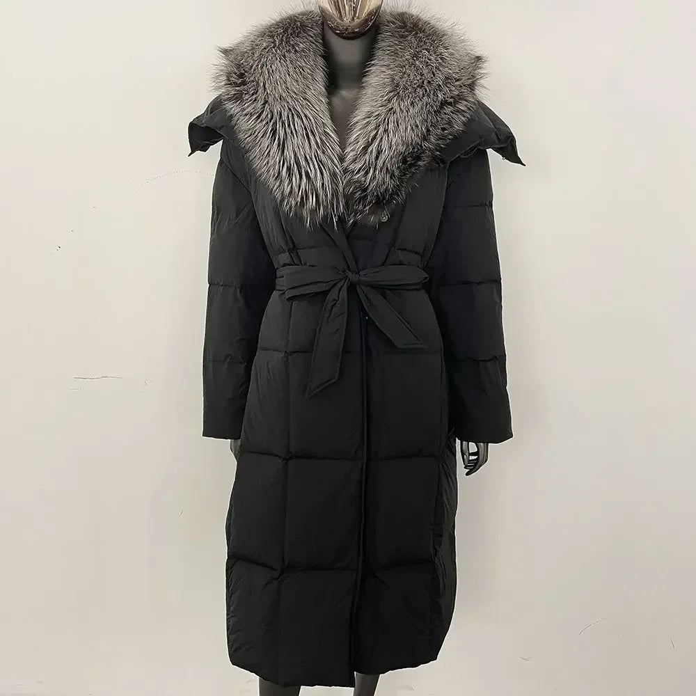 Veste d'hiver chaude et élégante pour femme, avec ceinture à capuche, simple boutonnage, col en vraie fourrure de renard, manteau épais et ample en duvet de canard blanc