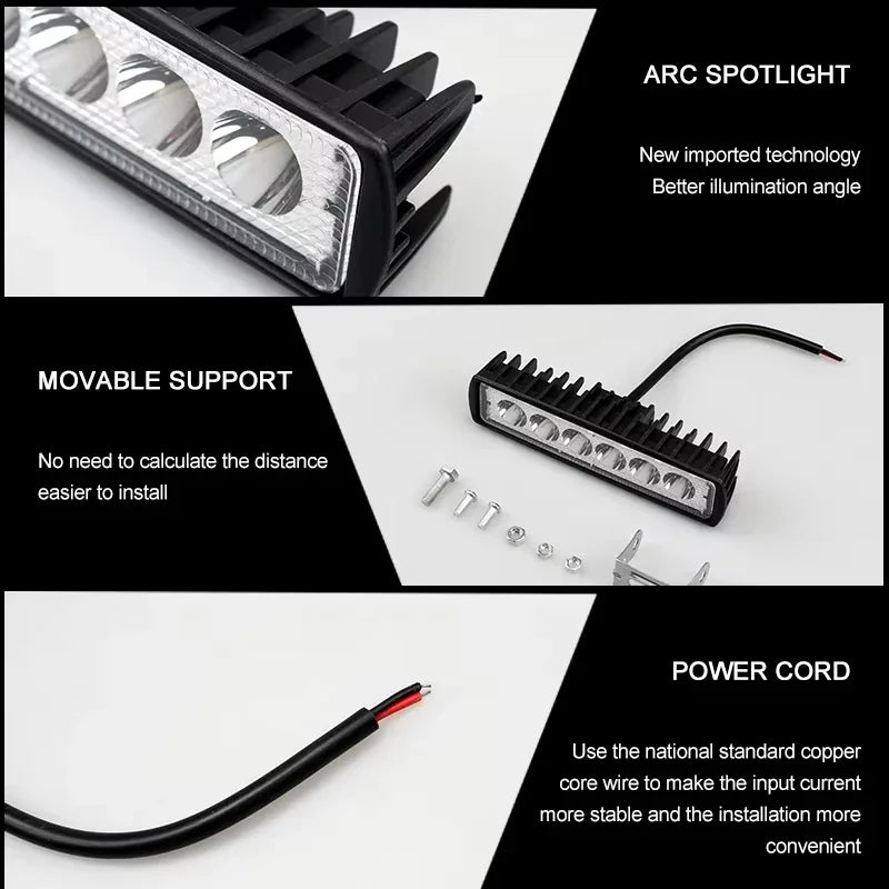 Phares à feux de route DRL étanches 12V: 6 feux de travail de voiture LED 18W pour suv, camions, remorques, conduite tout-terrain et antibrouillard, ampoules de phares