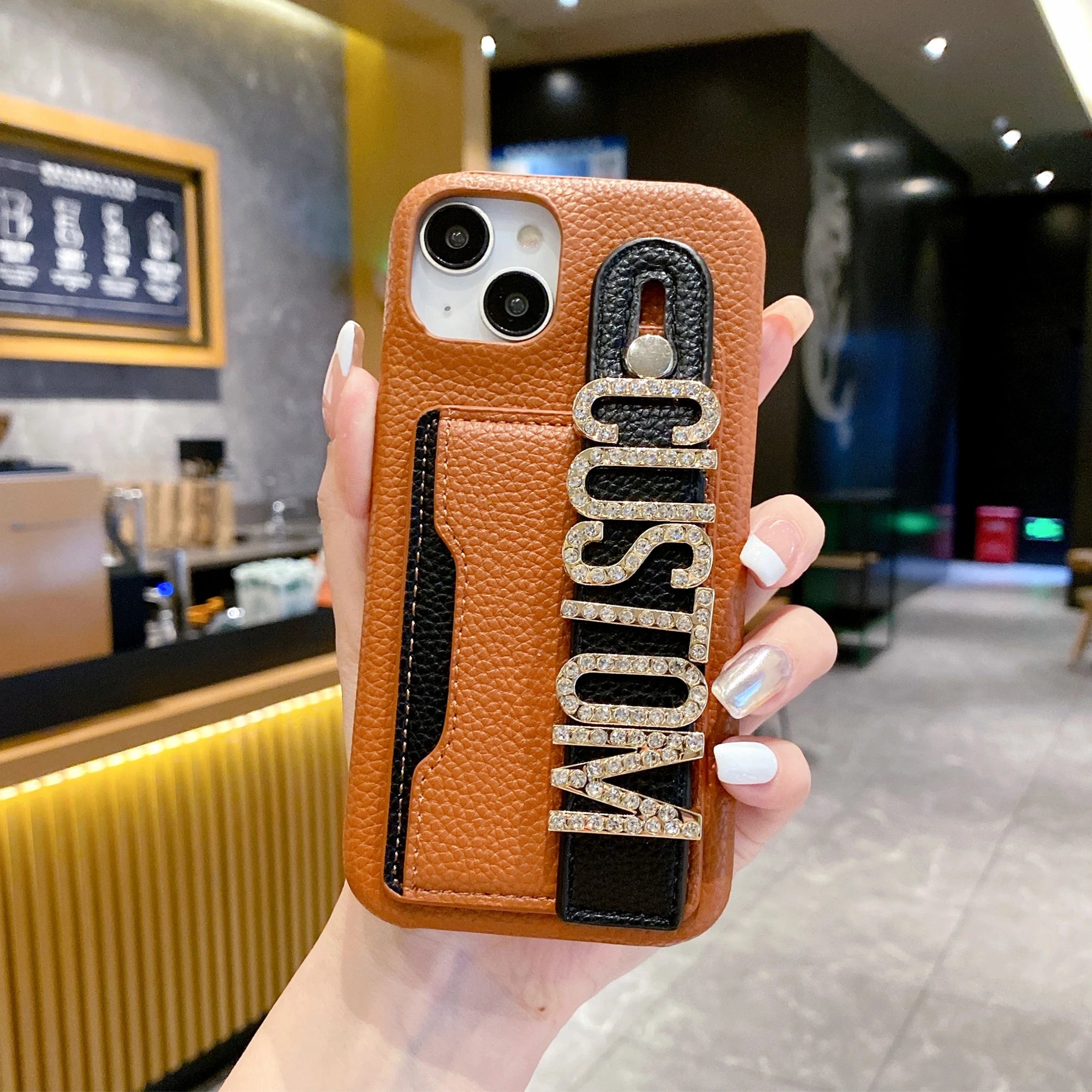 Étui de téléphone en cuir personnalisé avec nom de lettre, porte-carte de bracelet personnalisé, iPhone 16, 15, 14, 13, 12, 11Pro Max, 16Plus