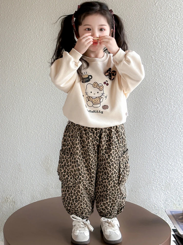 Ensemble de vêtements d'automne pour filles, sweat-shirt, pull Hello Kitty, haut et pantalon imprimé léopard, costume 2 pièces, tenue de survêtement mignonne pour enfants