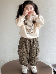 Ensemble de vêtements d'automne pour filles, sweat-shirt, pull Hello Kitty, haut et pantalon imprimé léopard, costume 2 pièces, tenue de survêtement mignonne pour enfants