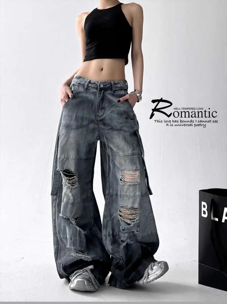 Femmes jean pantalon américain haute rue déchiré droit jambe large jean pour femmes conception cravate-teinture Jazz danse Cargo pleine mince jean