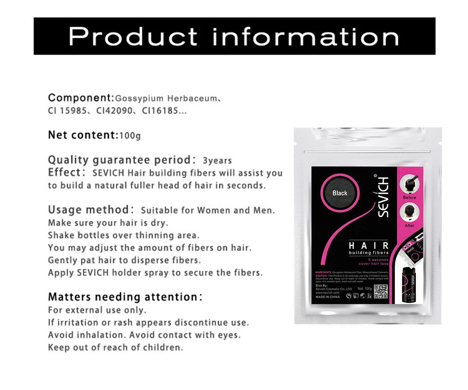 SEVICH fibre de cheveux 100g kératine fibre de cheveux poudre épaississante fibre de renforcement des cheveux Spray poudre de repousse instantanée perte de cheveux dissimuler
