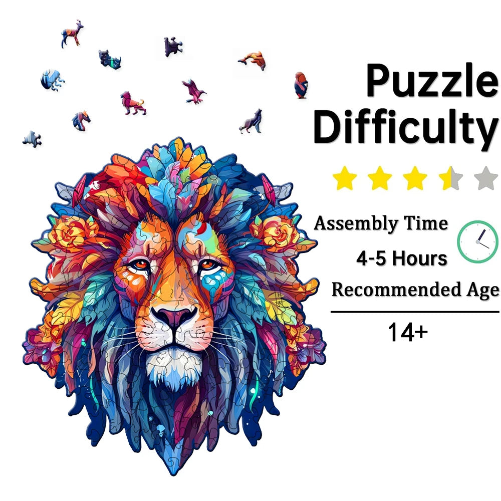 Visage de lion - Puzzle en bois - Forme irrégulière - Fait main - Cadeau parfait pour les enfants, les adultes et les amateurs de puzzle