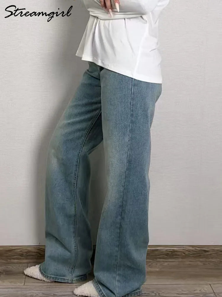 Jean bleu femmes taille haute 2025 ample décontracté petit ami jean Long pour le travail dames Simple jambe droite Denim pantalon pour les femmes