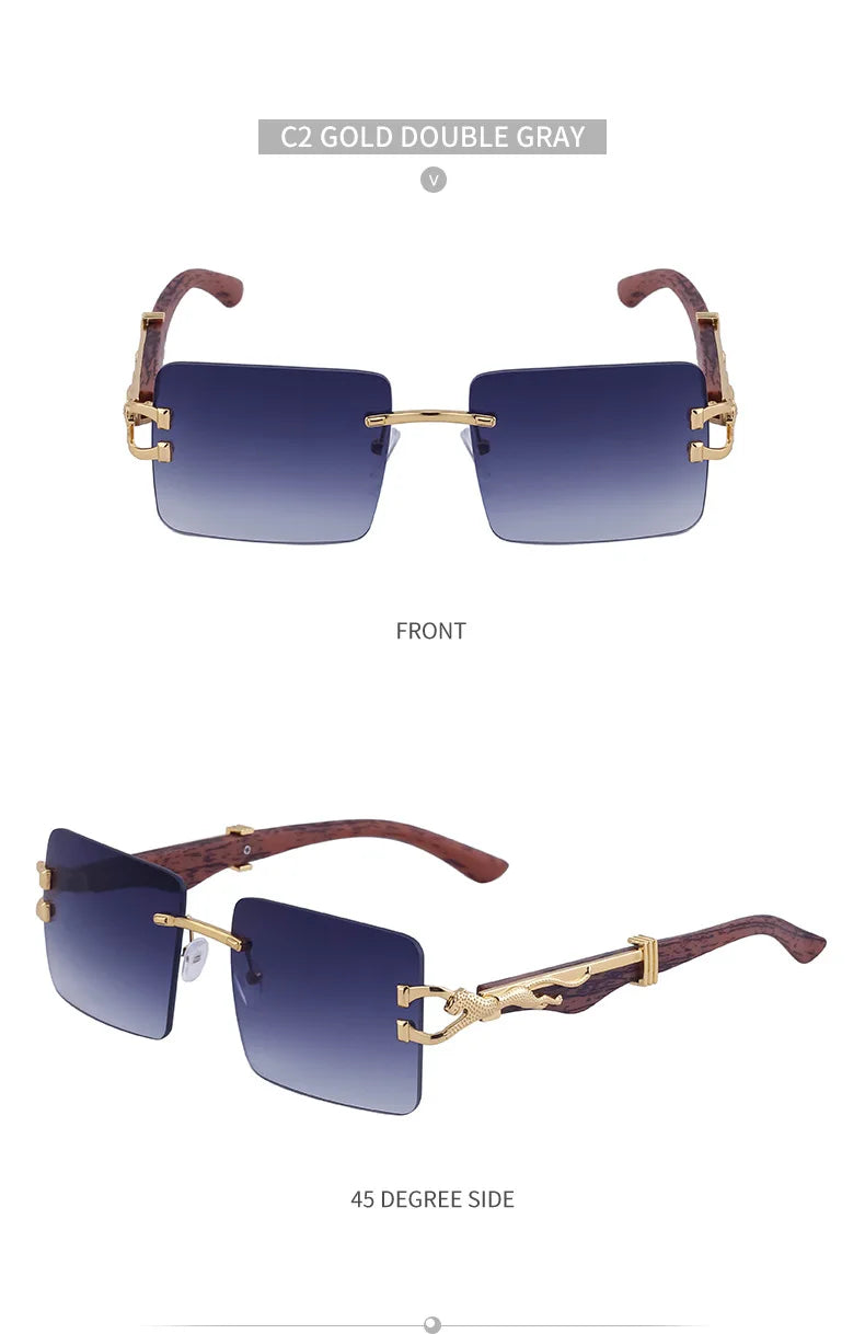 Frameless square wooden sunglasses for men and women, vintage, fashionable, luxury, retro, 2023