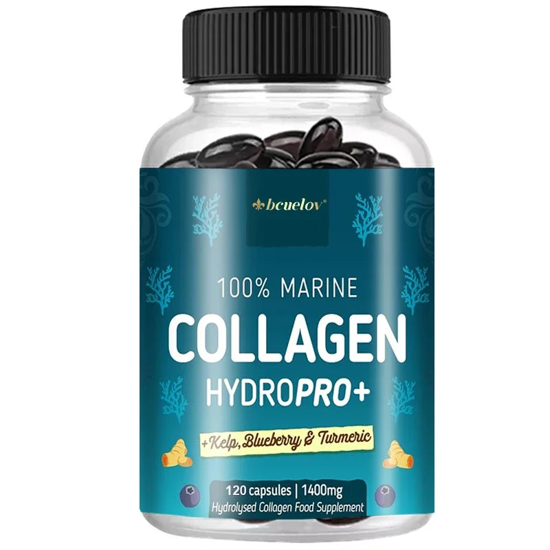 Puissant collagène marin - avec varech, myrtille et curcuma - 1400 mg Supplément de collagène hydrolysé pour cheveux, peau et ongles sains