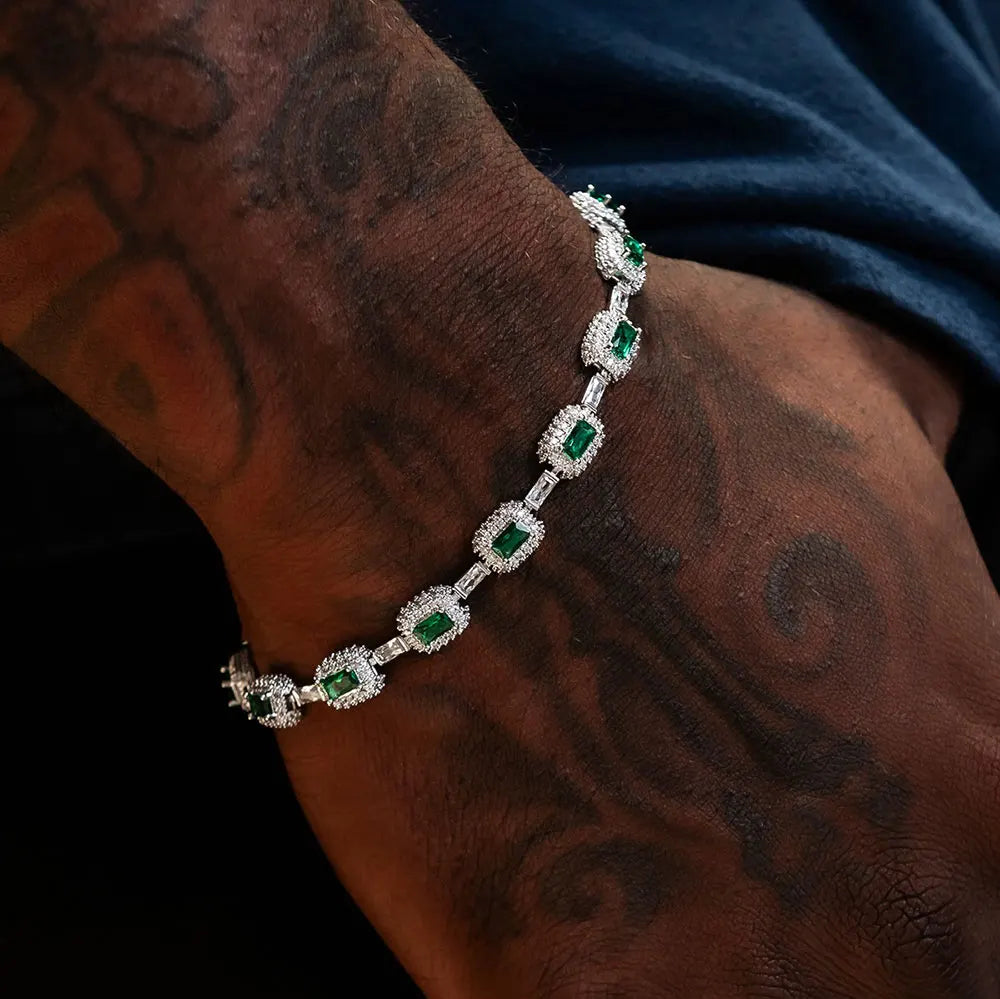 ESEllEM-Bracelet en Émeraude Glacée pour Femme, Bijoux à la Mode, Diamants, Coupe Coussin, Or Blanc, Incrusté Vert, Baguette Zcomprend