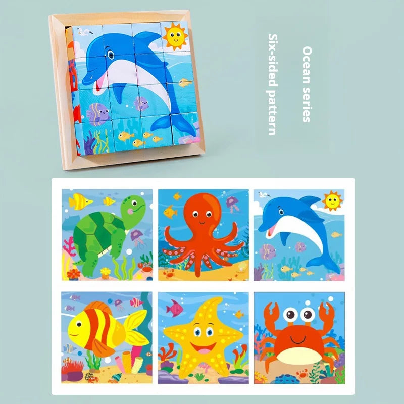 Puzzle en bois peint à Six côtés, blocs de construction tridimensionnels pour animaux de la circulation, jouet éducatif pour l'éducation précoce