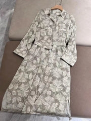 Women's Ginkgo print midi dress, beaded detailing, turn-down collar, belts, long sleeves, breathable, lightweight, ladies', 100%